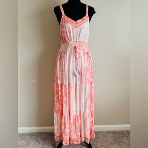 NWOT L Me2Magic Anthropologie Boho Maxi Tiered Smocked Waist Embroidery Fringe